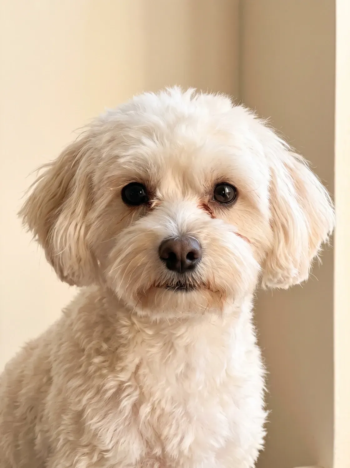 Maltipoo, close portrait of a white adult's face, eyes and muzzle in soft light