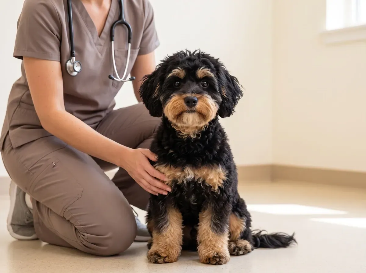 Maltipoo, a calm black and tan adult sitting as a vet in taupe scrubs kneels alongside, a hand on the dog's side