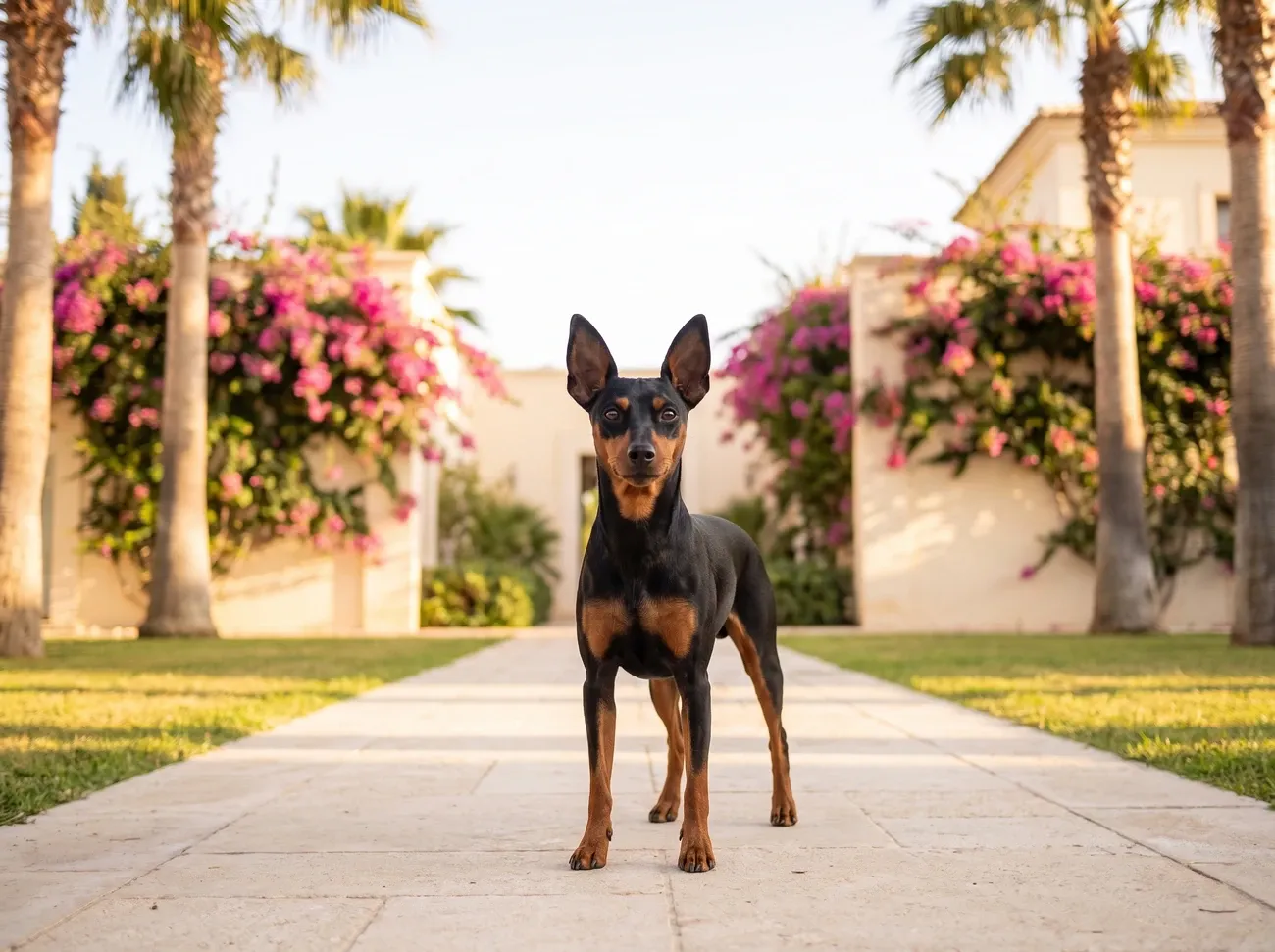 Miniature Pinscher in Dubai, a black and rust adult standing on a palm-lined villa path with bougainvillea