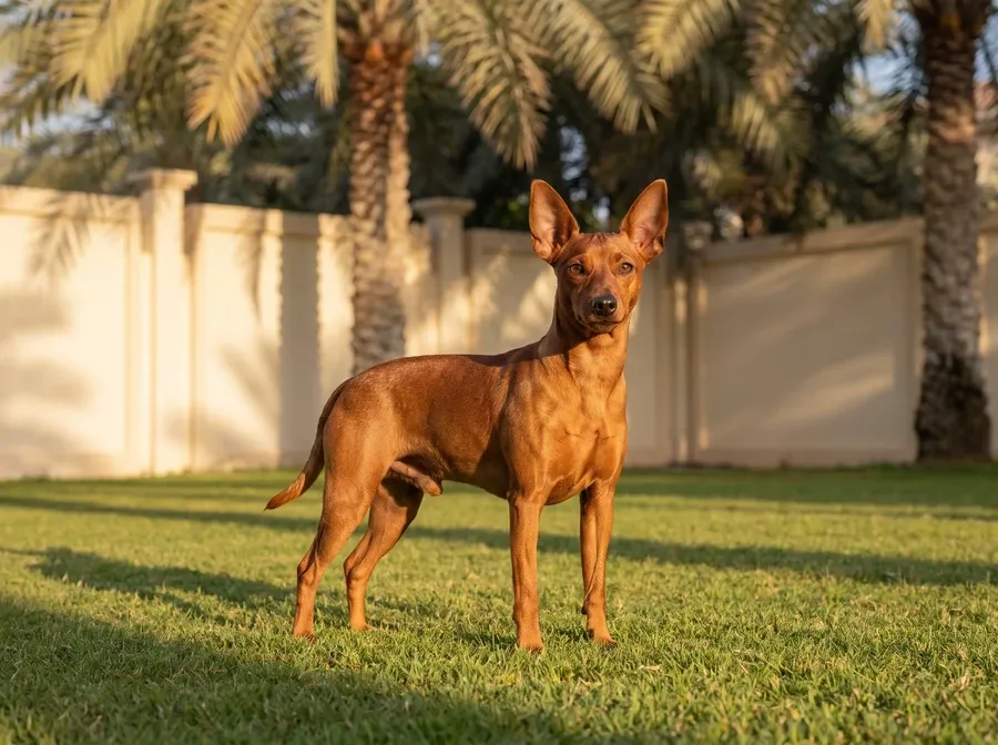 Miniature Pinscher in Dubai, a clear red adult standing alert on a villa lawn under date palms
