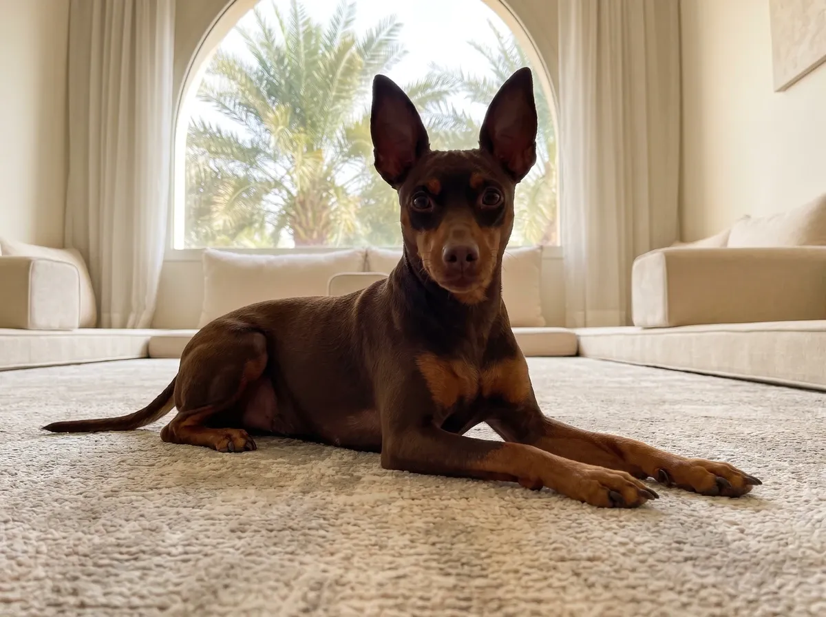 Miniature Pinscher in Dubai, a chocolate and rust adult lying in a majlis below an arched window onto palms