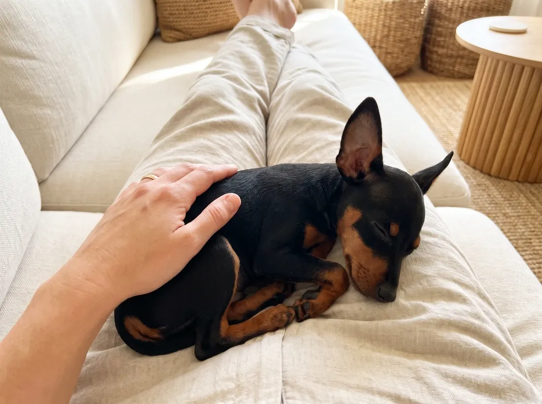 Miniature Pinscher, a black and rust puppy asleep against a pet parent's legs on a linen sofa