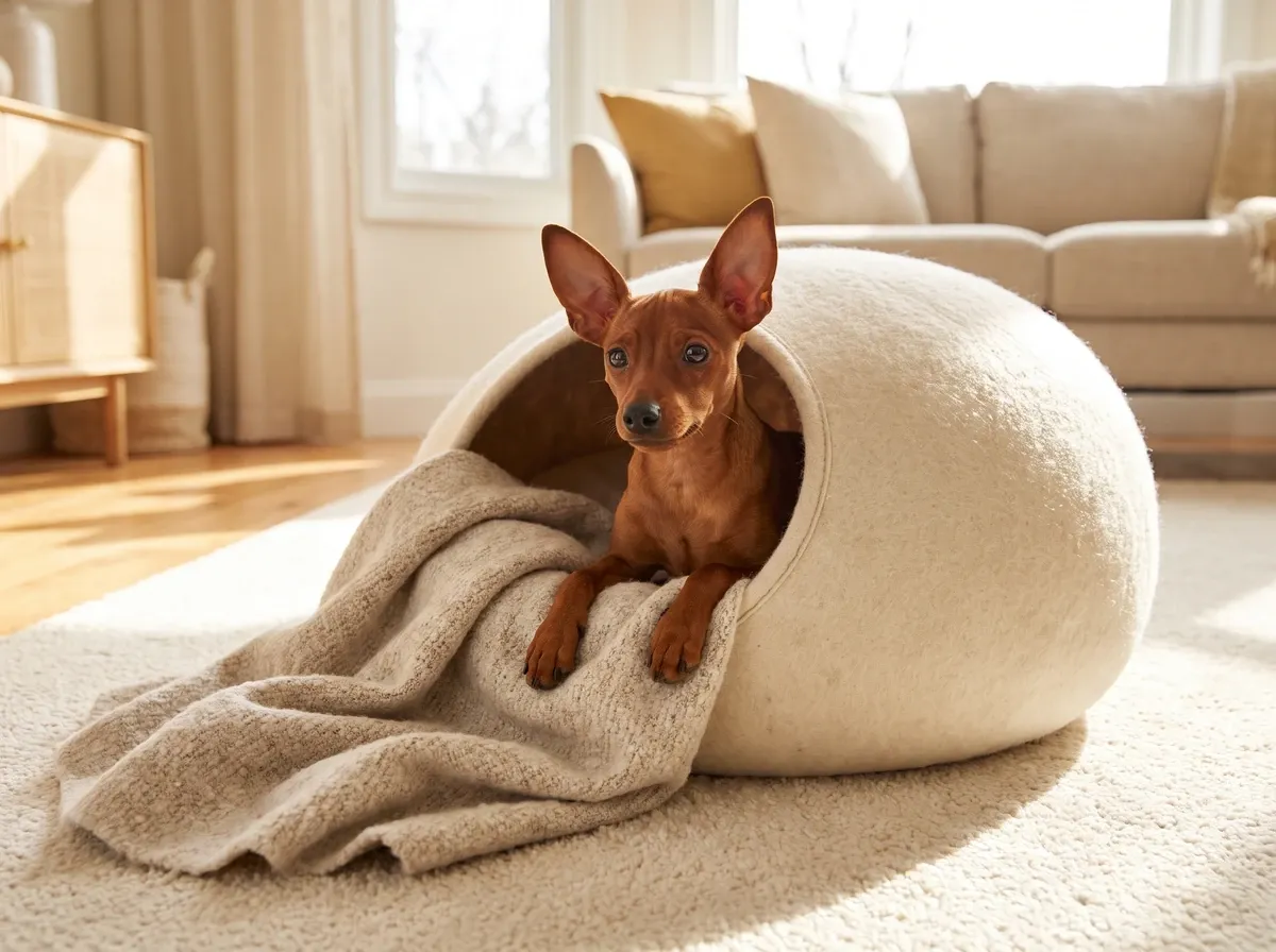 Miniature Pinscher, a clear red puppy peeping out of a cream felt cave bed