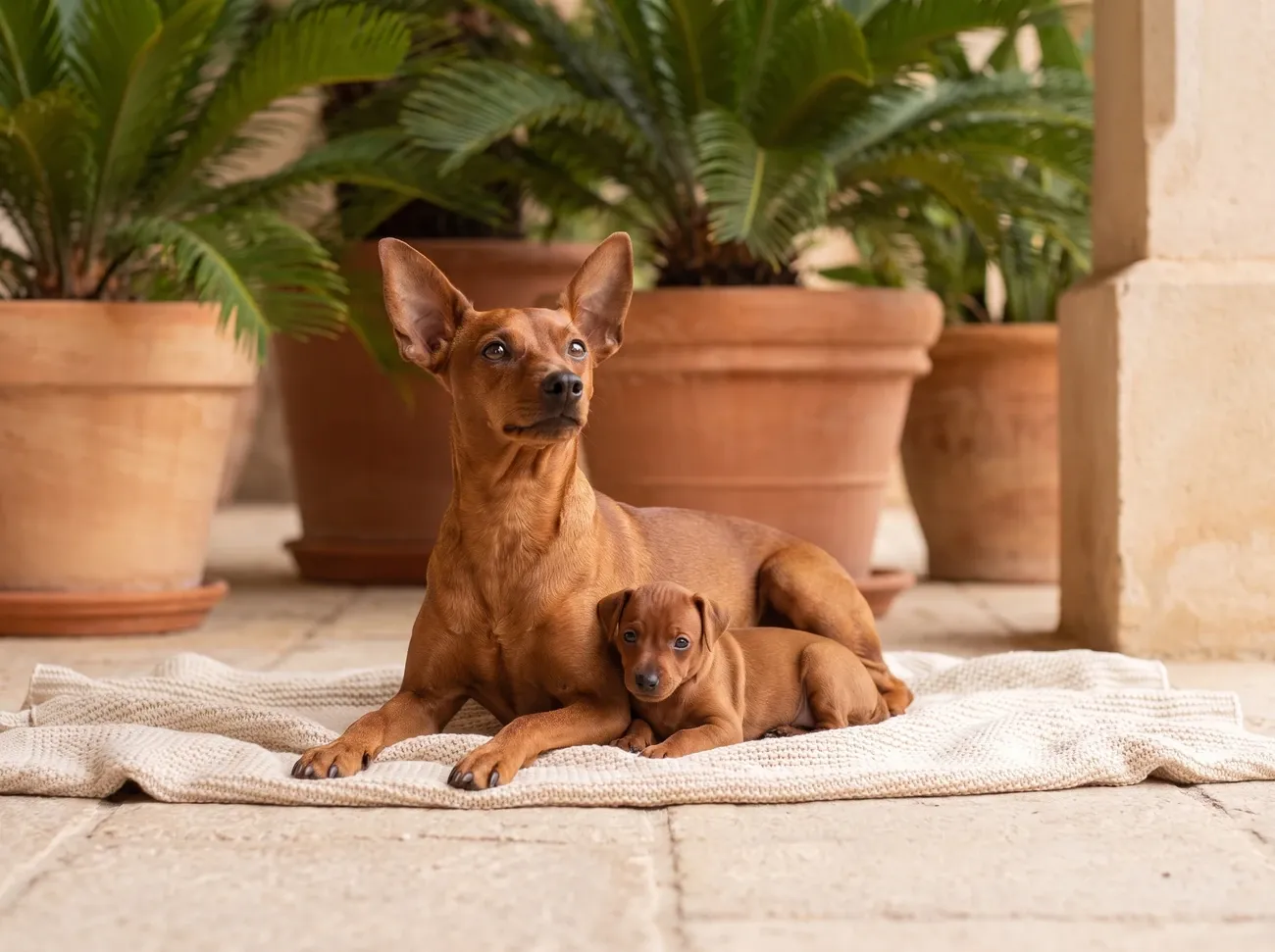 Miniature Pinscher, a stag red mother lying with one puppy close on a shaded stone terrace