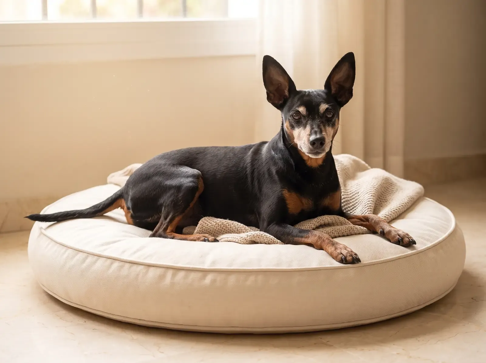 Miniature Pinscher, an older black and rust dog with a greying muzzle resting on a round cream bed
