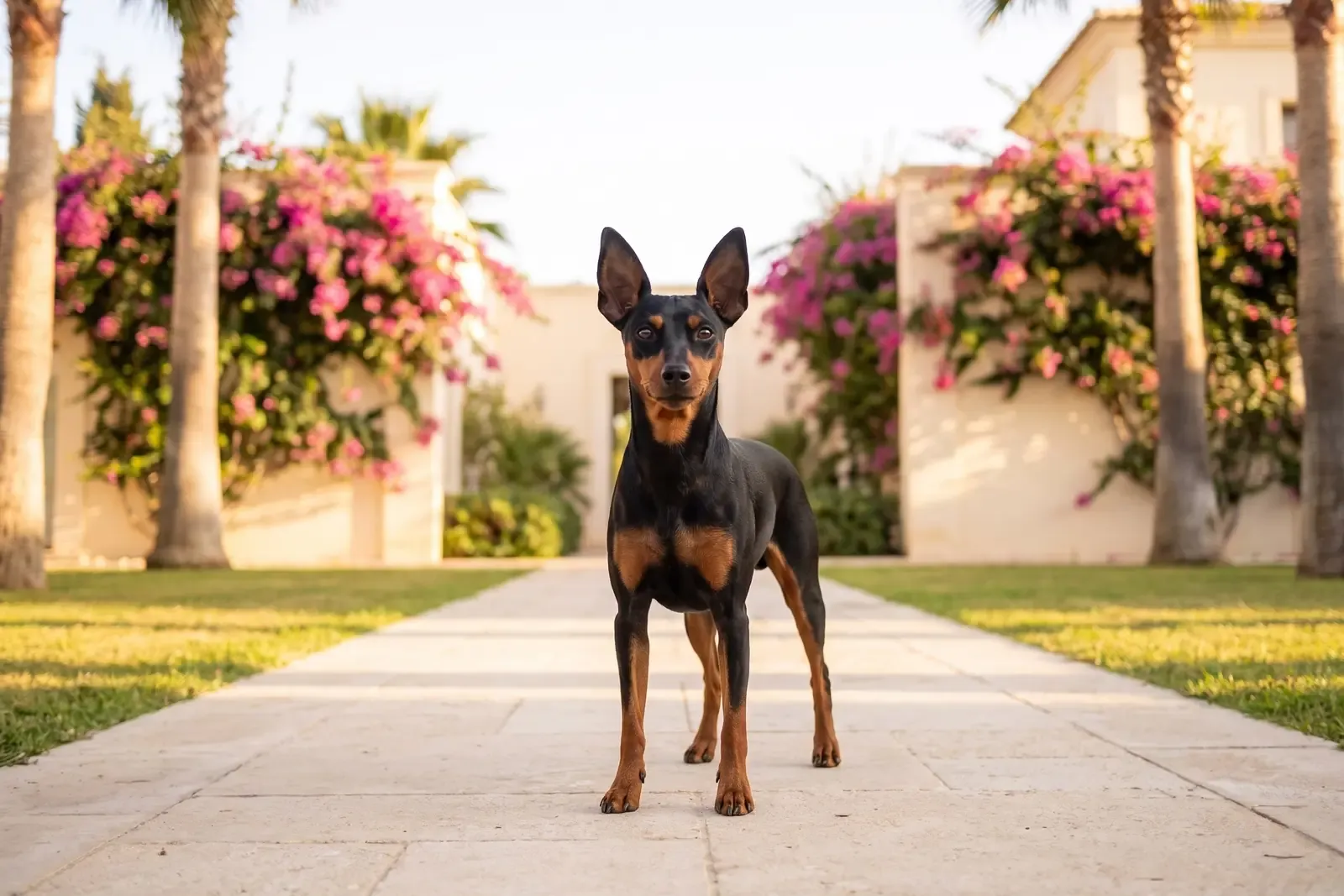 Miniature Pinscher history, the breed today, a black and rust adult on a palm-lined villa path, Dubai, 2026