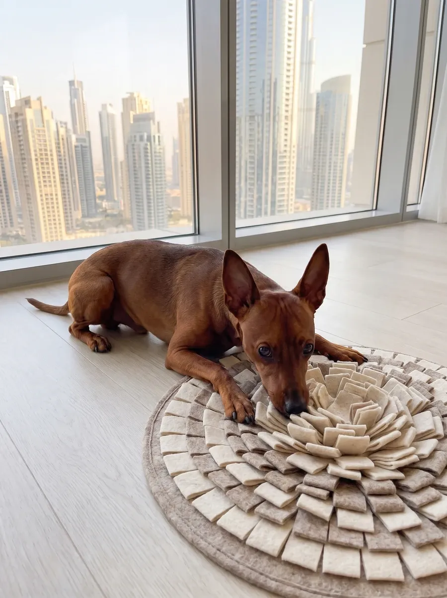 Miniature Pinscher in Dubai, the same stag red adult nosing a snuffle mat with the skyline behind