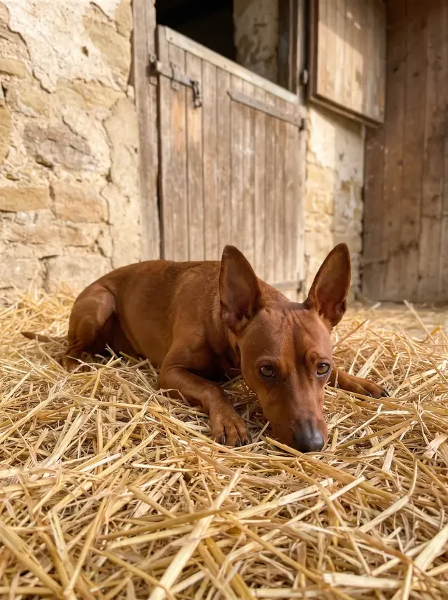 Miniature Pinscher, a stag red adult lying on straw in an old stone and timber stable yard