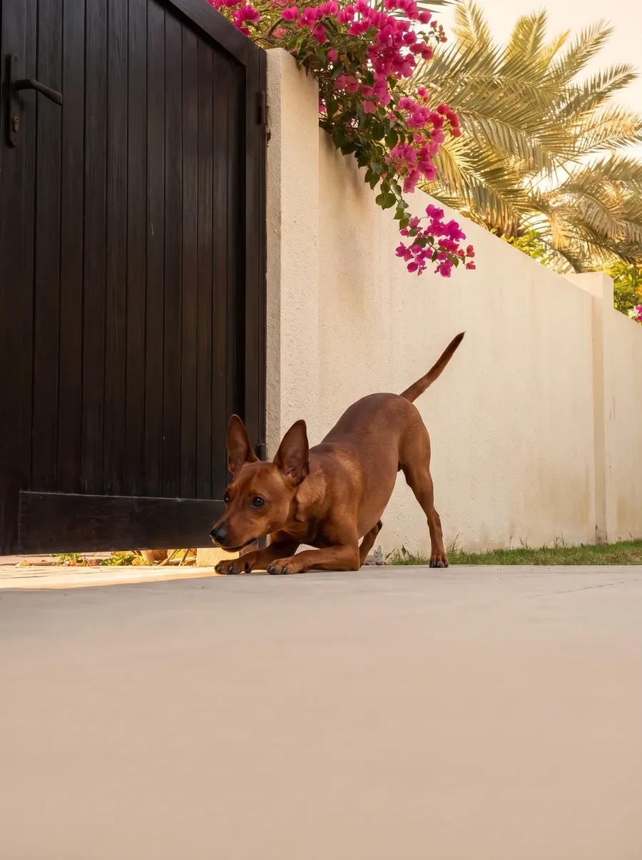 Miniature Pinscher in Dubai, a stag red adult nosing the gap under a villa gate below bougainvillea and date palms