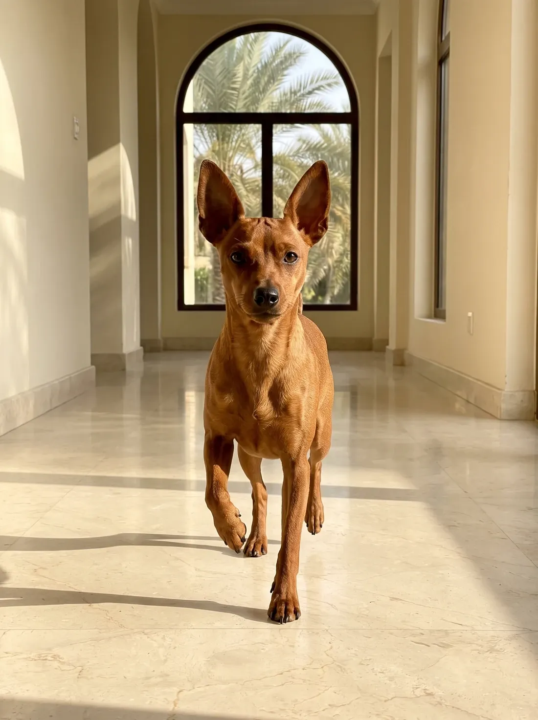 Miniature Pinscher in Dubai, a clear red adult prancing down a marble hallway towards an arched window onto palms