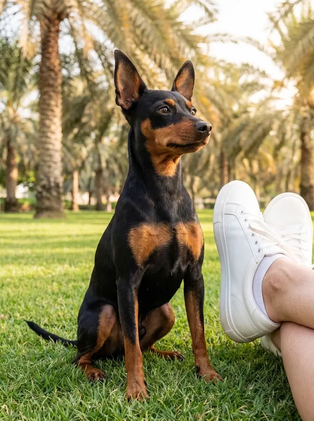 Miniature Pinscher in Dubai, a black and rust adult sitting tall on a park lawn under date palms