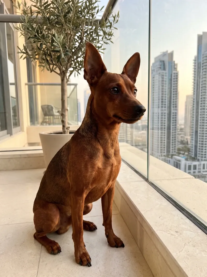 Miniature Pinscher in Dubai, a stag red adult sitting by a balcony railing with Marina towers behind