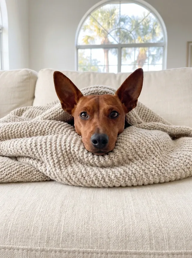 Miniature Pinscher in Dubai, a clear red adult burrowed under a knitted blanket on a sofa by a window onto palms
