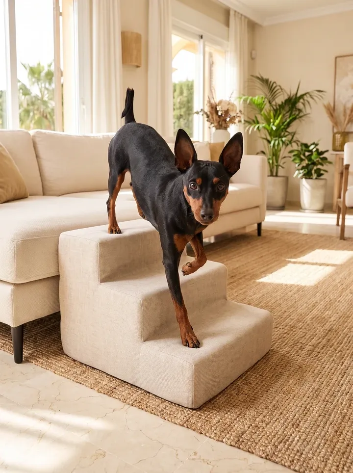 Miniature Pinscher, a black and rust adult stepping down a padded pet step from a cream sofa