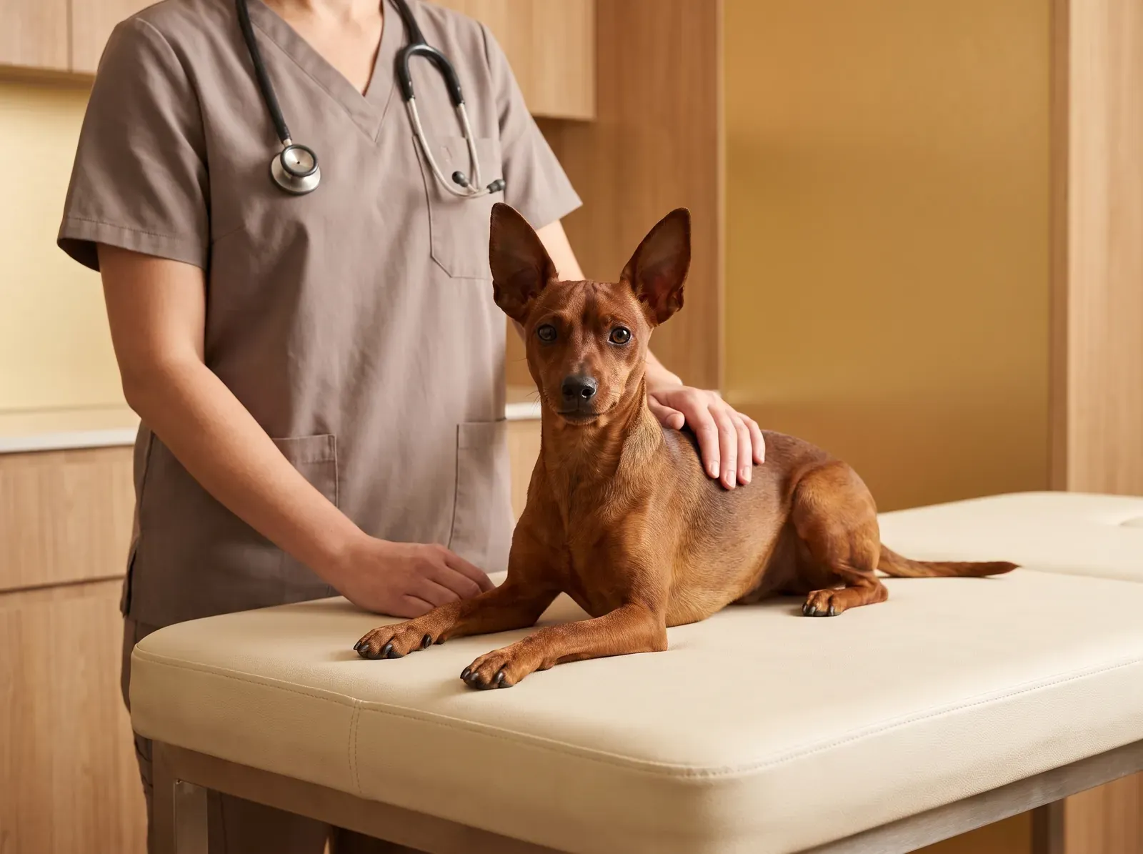 Miniature Pinscher, a stag red adult lying on a padded table as a vet in taupe scrubs rests a hand on their back