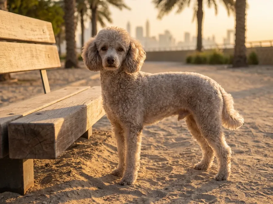Miniature Poodle in Dubai, a silver beige adult by a bench on a sandy path, palms and the skyline behind