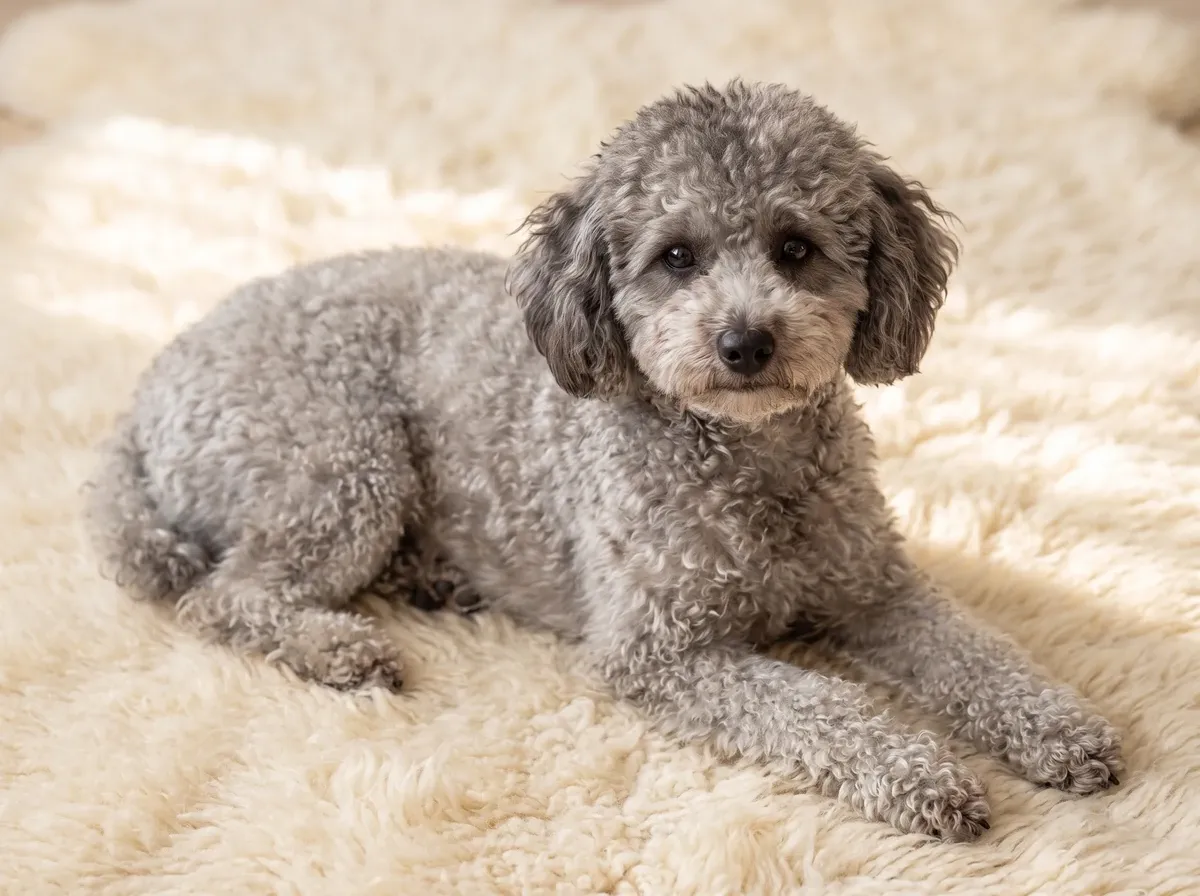 Miniature Poodle, a silver adult lying on a cream sheepskin rug