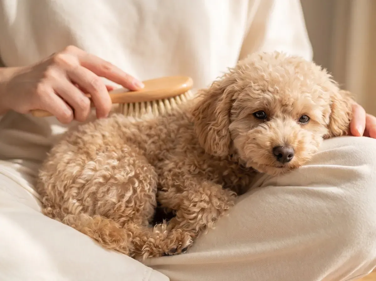 Miniature Poodle, an apricot puppy on a pet parent's lap, being brushed gently with a soft brush