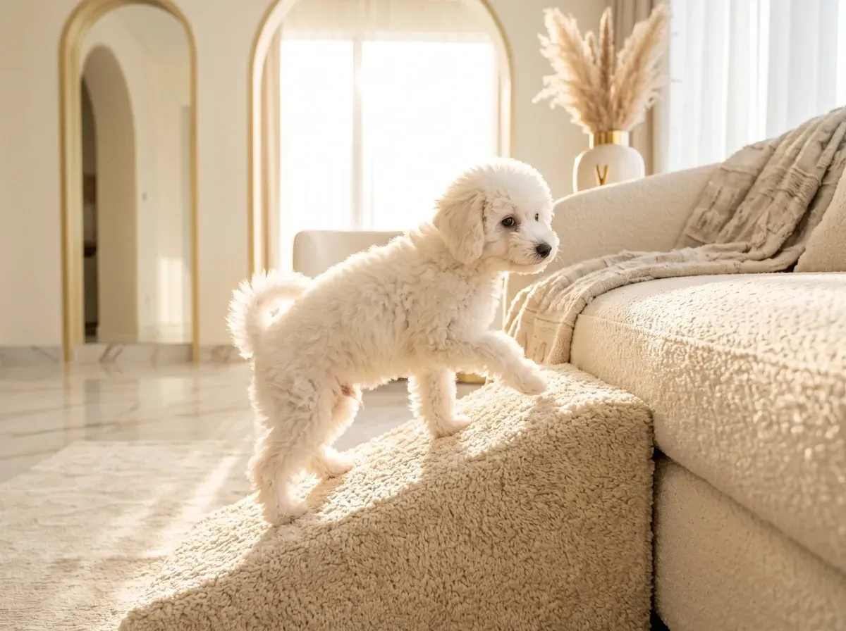Miniature Poodle, a white puppy walking up a small ramp to a cream sofa
