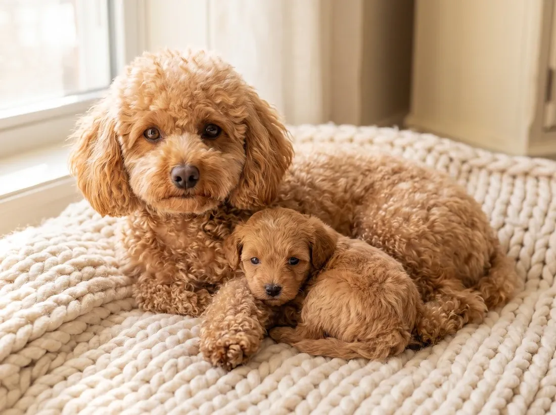 Miniature Poodle, an apricot mother lying on a knitted blanket with a puppy