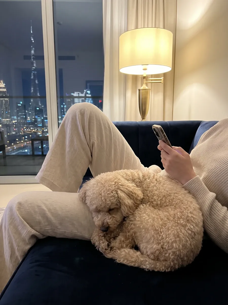 Miniature Poodle in Dubai, a cream adult asleep on a pet parent's lap at night, the skyline behind