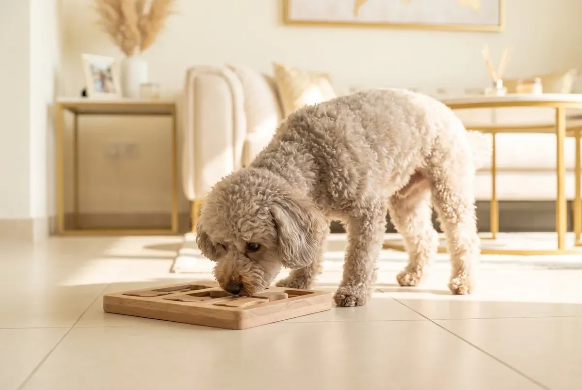 Miniature Poodle history, the breed today, a cream adult working a puzzle feeder on the floor of a bright flat