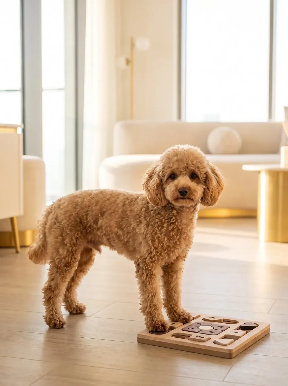 Miniature Poodle, the same apricot adult by a wooden puzzle feeder in a bright living room
