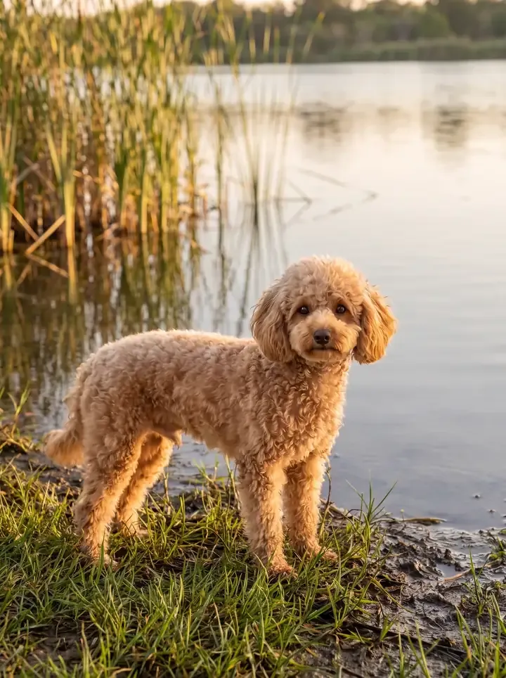 Miniature Poodle, an apricot adult standing on a grassy bank by a reed-lined lake