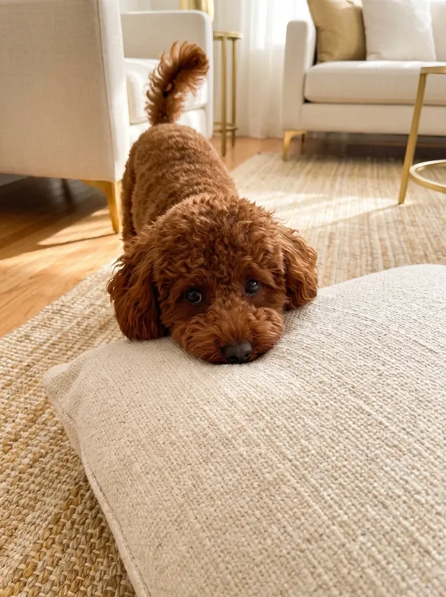 Miniature Poodle, a red adult resting the chin on a floor cushion on a living room rug