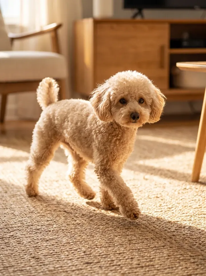 Miniature Poodle, a cream adult trotting across a rug in a sunlit living room