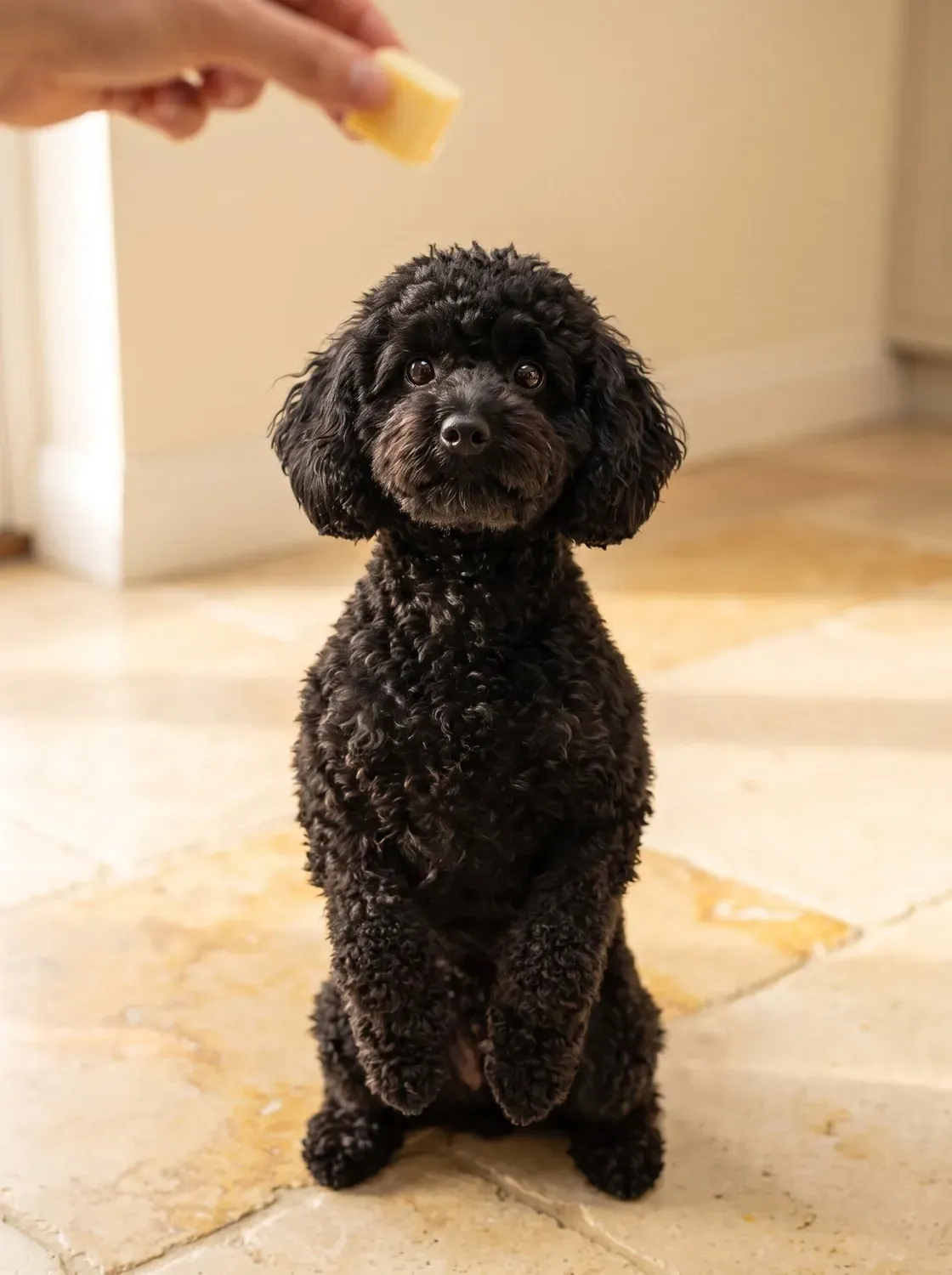 Miniature Poodle, a black adult sitting up on the back legs, watching a hand holding a piece of cheese
