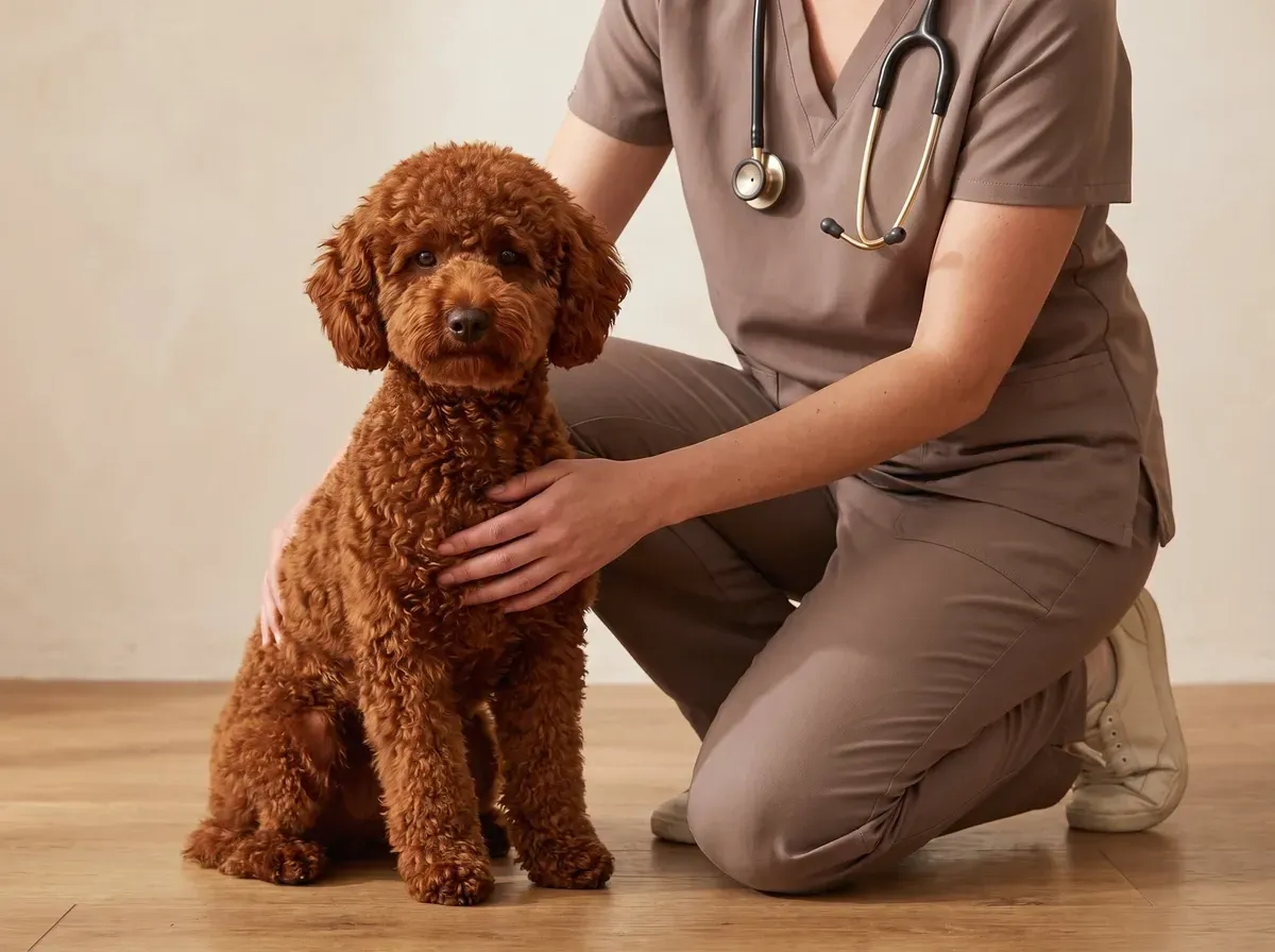Miniature Poodle, a red adult sitting as a vet in taupe scrubs kneels alongside, hands resting on the dog