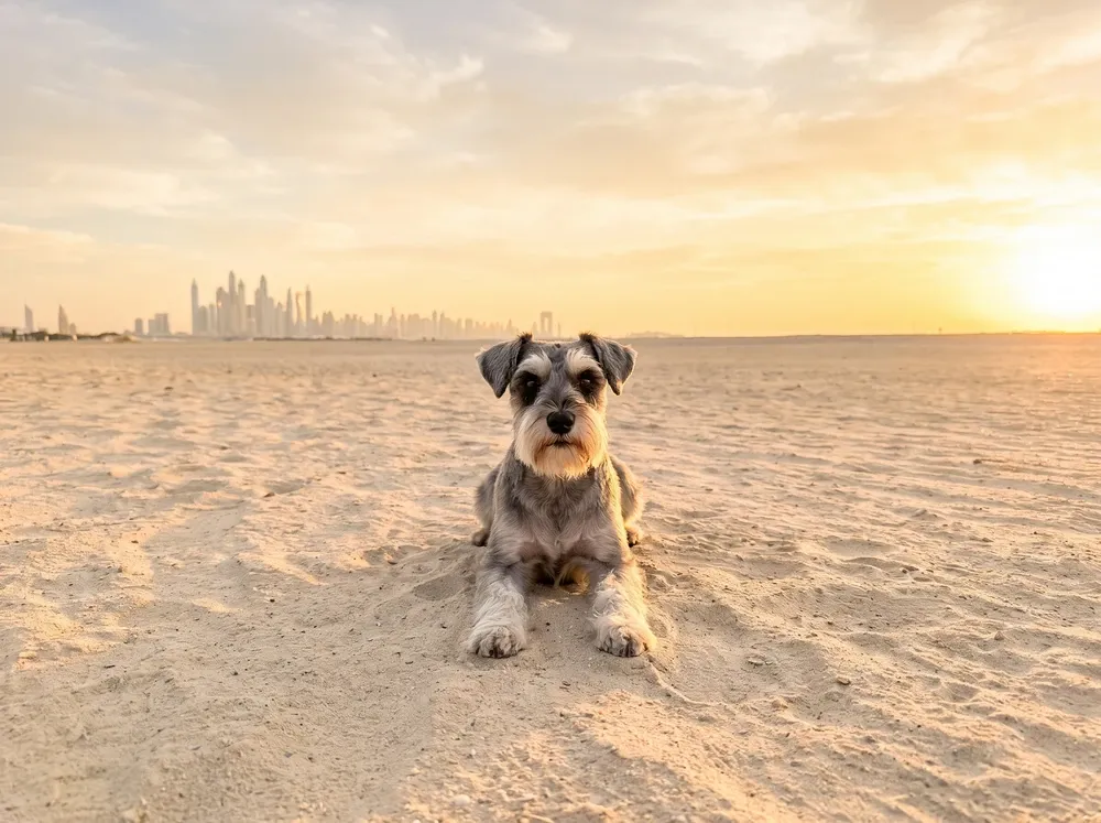 Miniature Schnauzer in Dubai, a salt and pepper adult lying on pale sand at sunrise with the skyline far behind