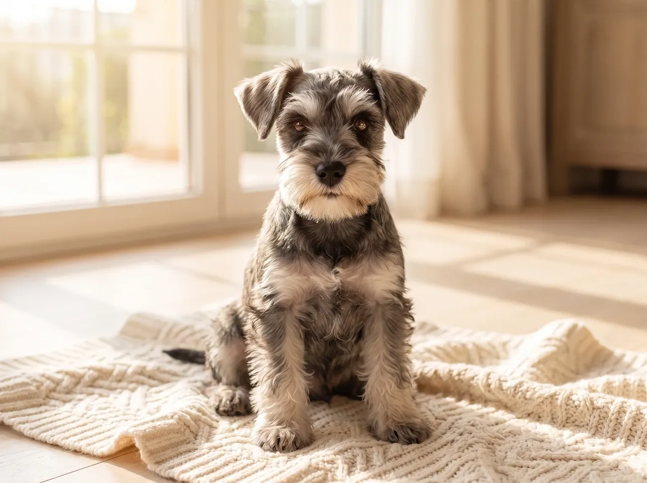 Miniature Schnauzer, a salt and pepper puppy sitting on a cream knitted blanket