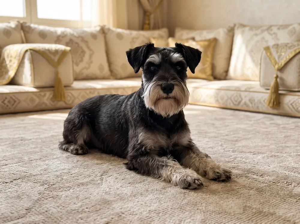 Miniature Schnauzer in Dubai, a black and silver adult lying on a rug in a majlis with low floor cushions