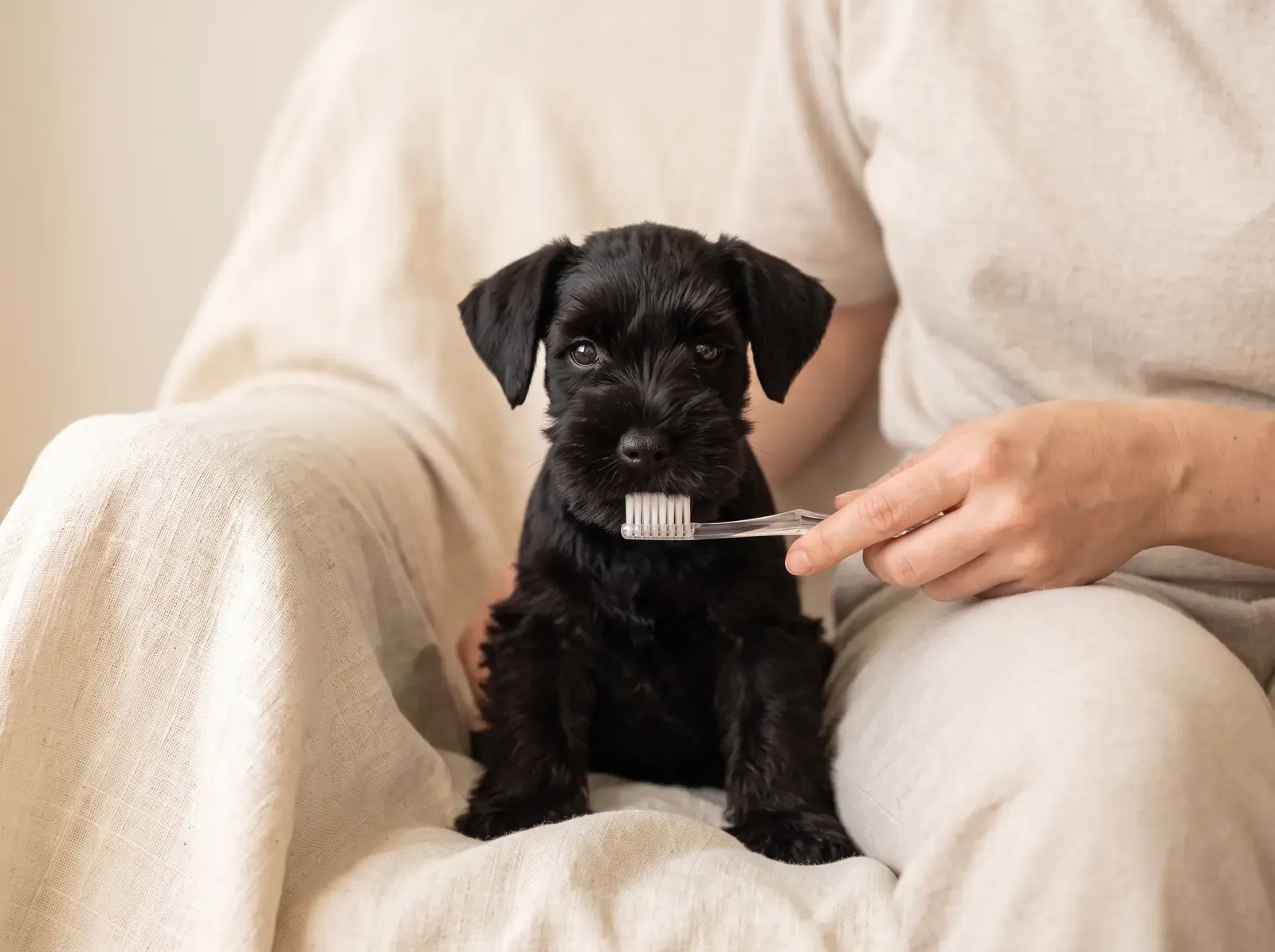 Miniature Schnauzer, a black puppy in a pet parent's lap having their teeth brushed with a soft toothbrush