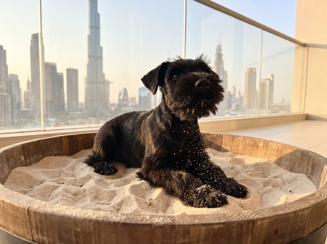 Miniature Schnauzer in Dubai, a black puppy in a tub of play sand on a balcony with the Burj Khalifa behind