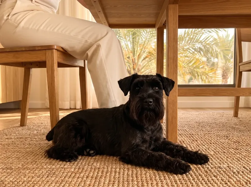 Miniature Schnauzer in Dubai, a black adult lying on a jute rug under the dining table, date palms outside