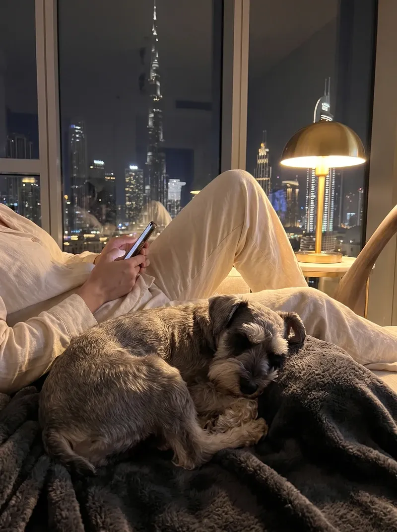 Miniature Schnauzer in Dubai, a salt and pepper adult asleep against a pet parent's leg at night, the skyline behind