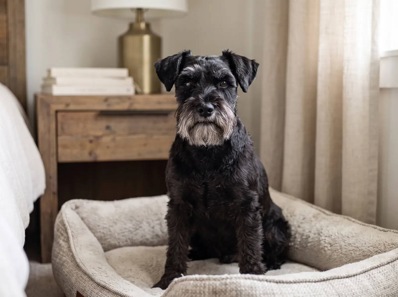 Miniature Schnauzer, an older black dog with a greying beard sitting up in a soft bed, eyes bright
