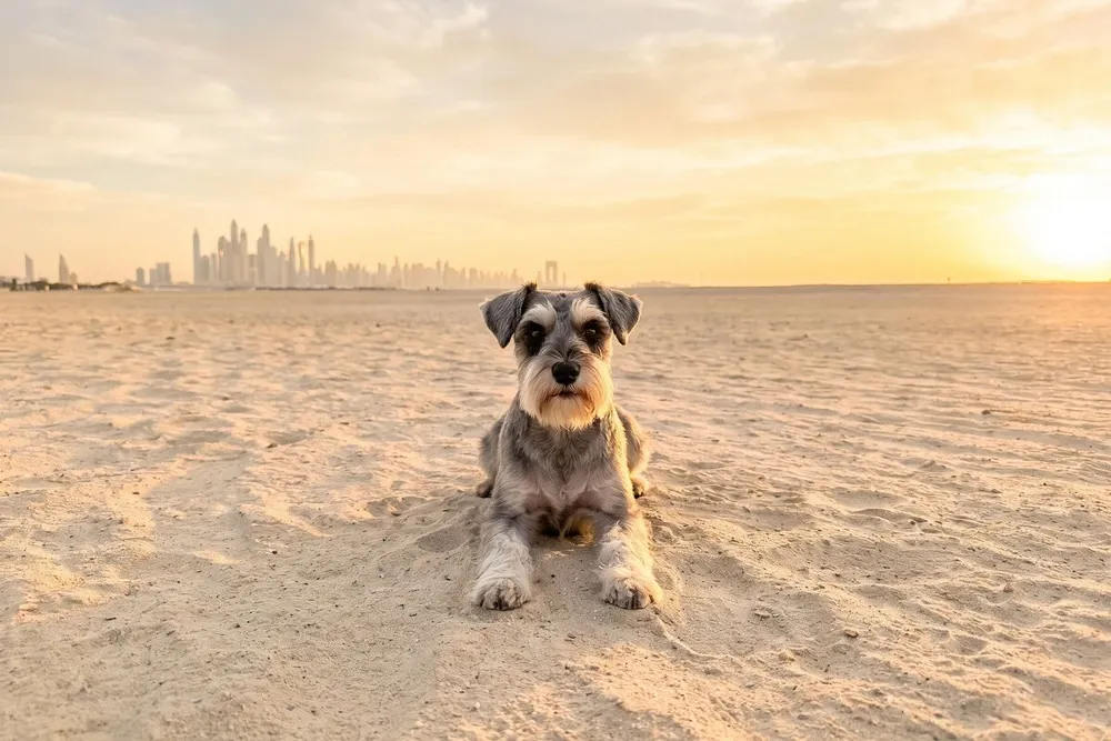 Miniature Schnauzer history, the breed today, a salt and pepper adult on pale sand with the skyline behind, Dubai, 2026