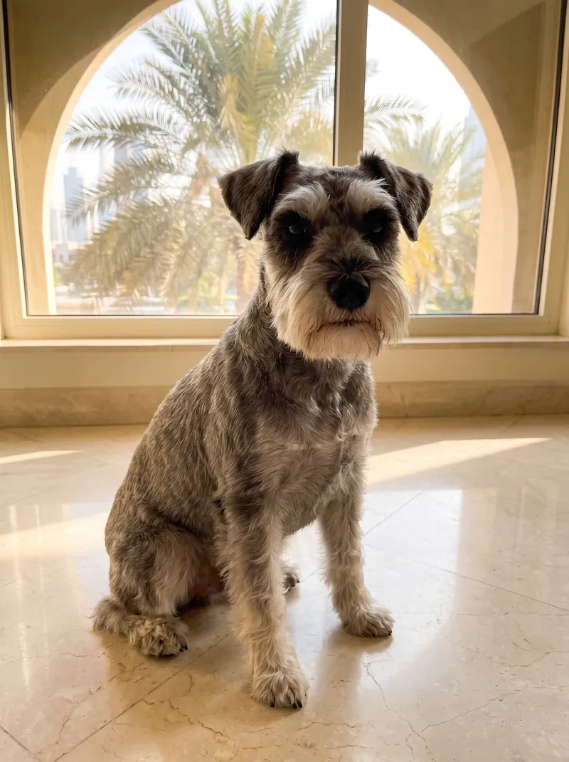 Miniature Schnauzer in Dubai, a freshly clipped salt and pepper adult sitting on marble by an arched window onto palms