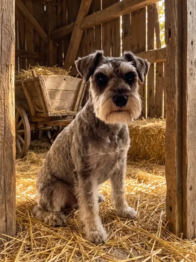 Miniature Schnauzer, a salt and pepper adult sitting on straw in an old timber barn doorway