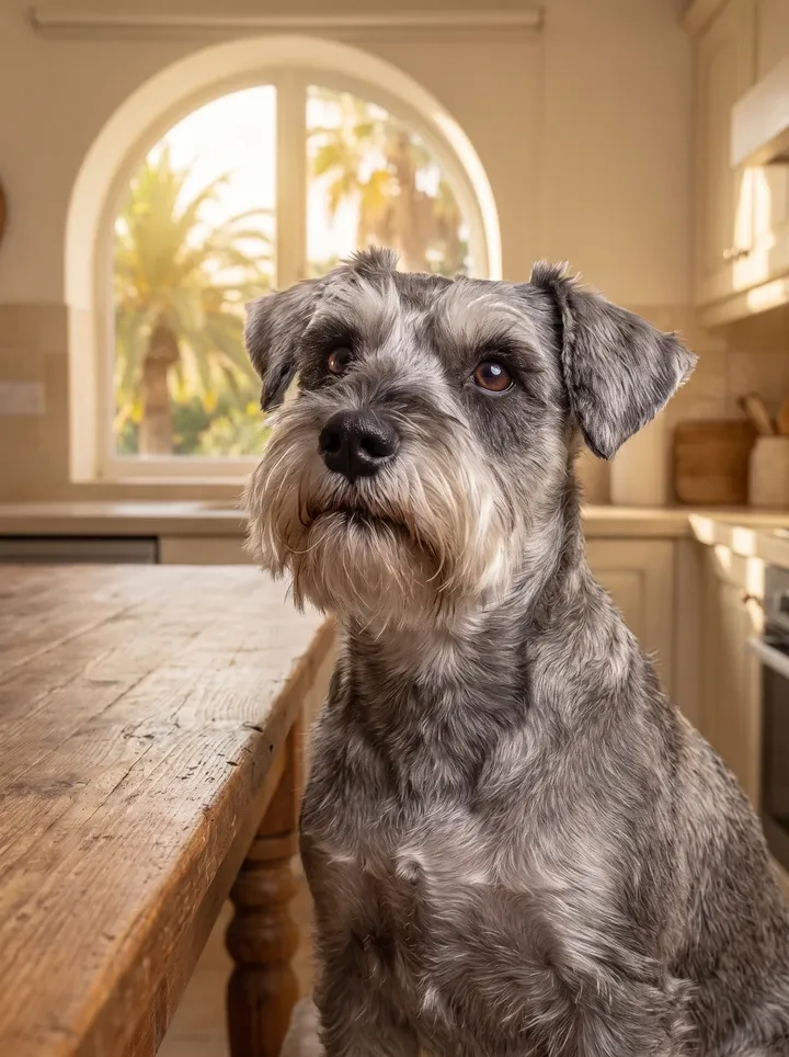 Miniature Schnauzer in Dubai, a salt and pepper adult sitting by a timber kitchen table, palms through an arched window