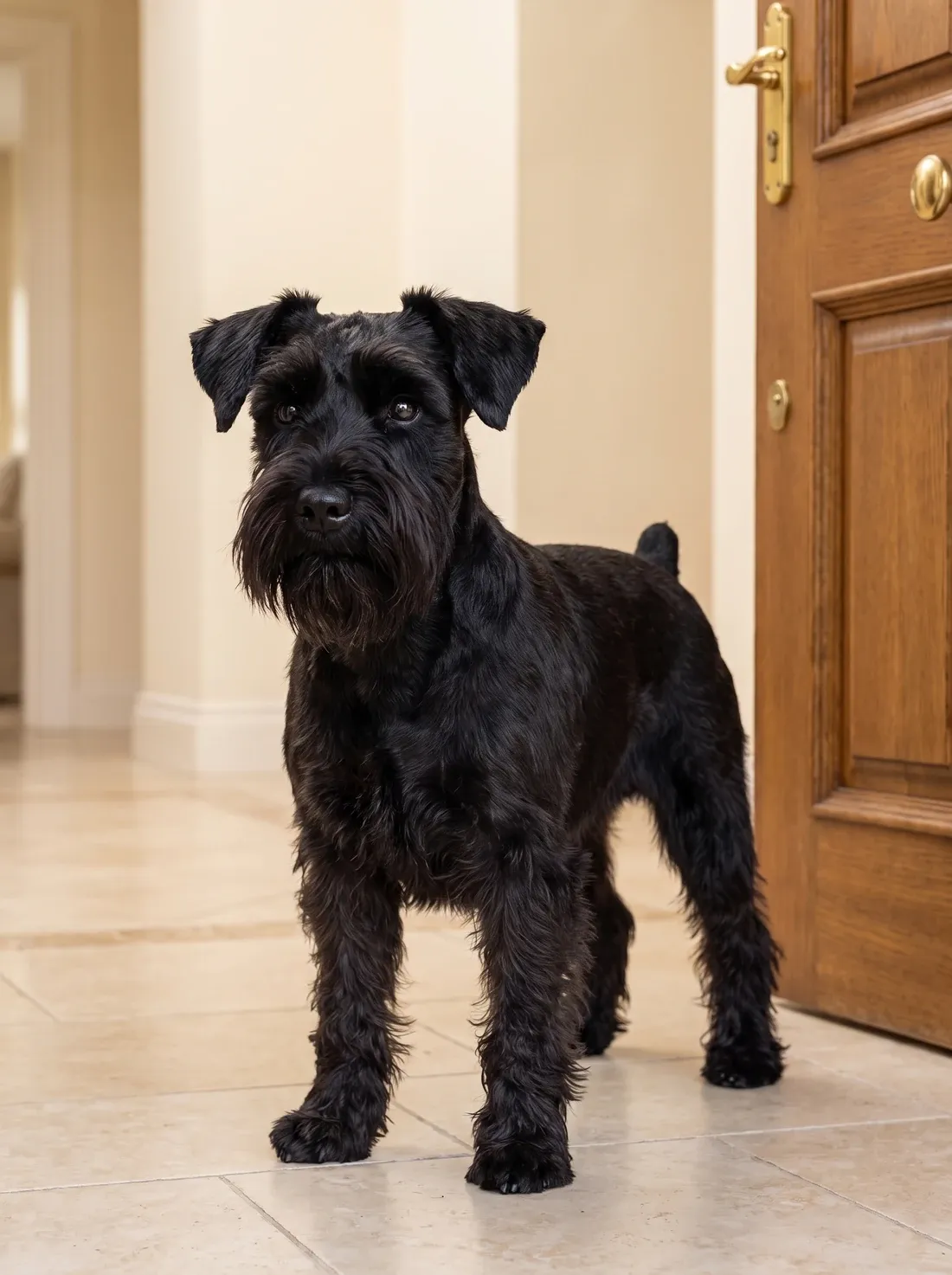 Miniature Schnauzer, a black adult standing alert by a timber front door in a cream hallway