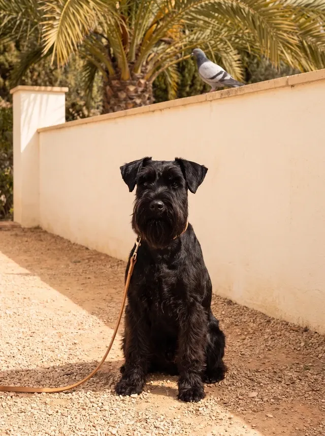 Miniature Schnauzer in Dubai, a black adult on a lead by a villa garden wall, a pigeon on top, under a date palm