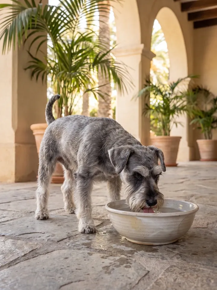 Miniature Schnauzer, a salt and pepper adult drinking from a ceramic bowl on a shaded stone terrace