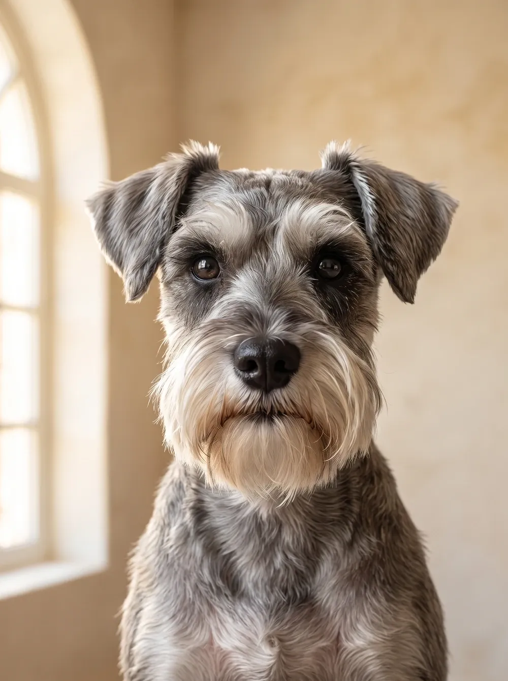 Miniature Schnauzer, close portrait of a salt and pepper adult with a full silver beard and bushy eyebrows