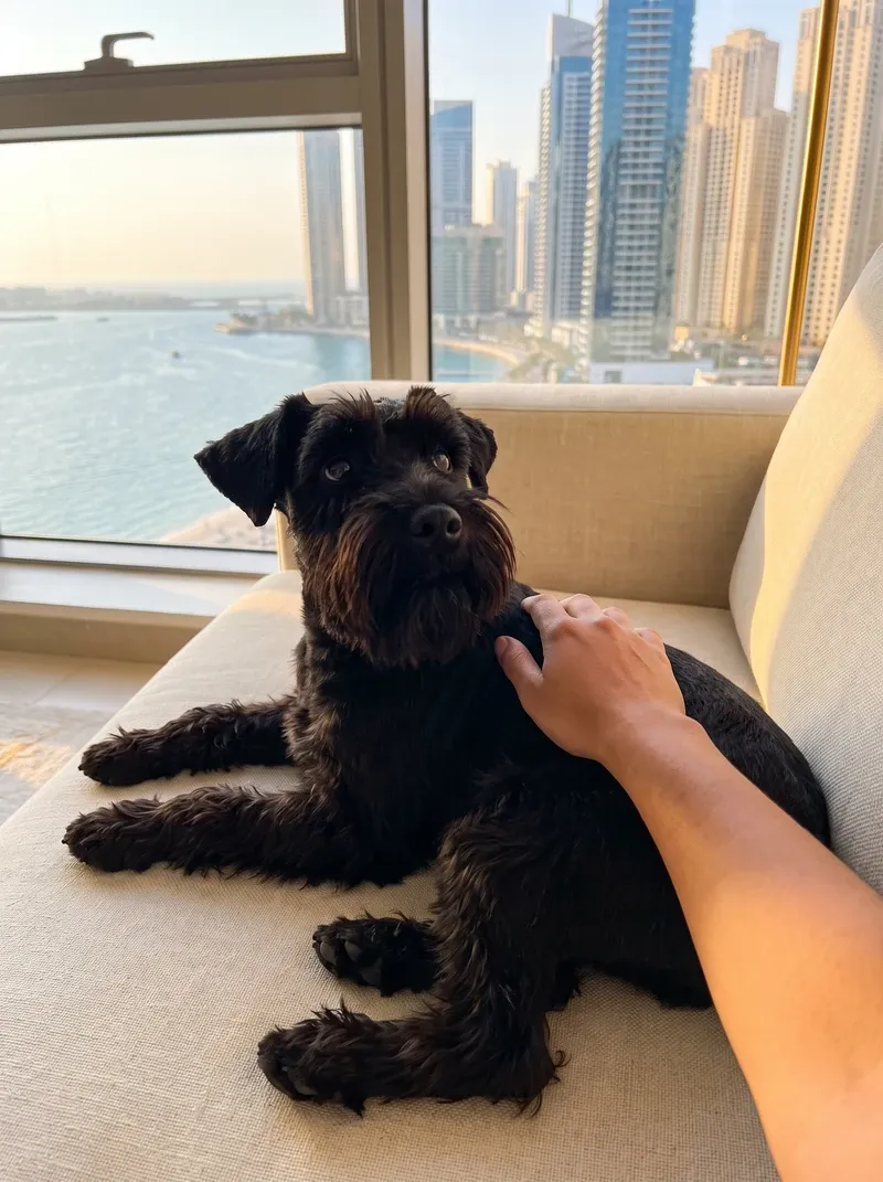 Miniature Schnauzer in Dubai, a black adult lying on a linen sofa as a hand strokes their back, Marina towers behind