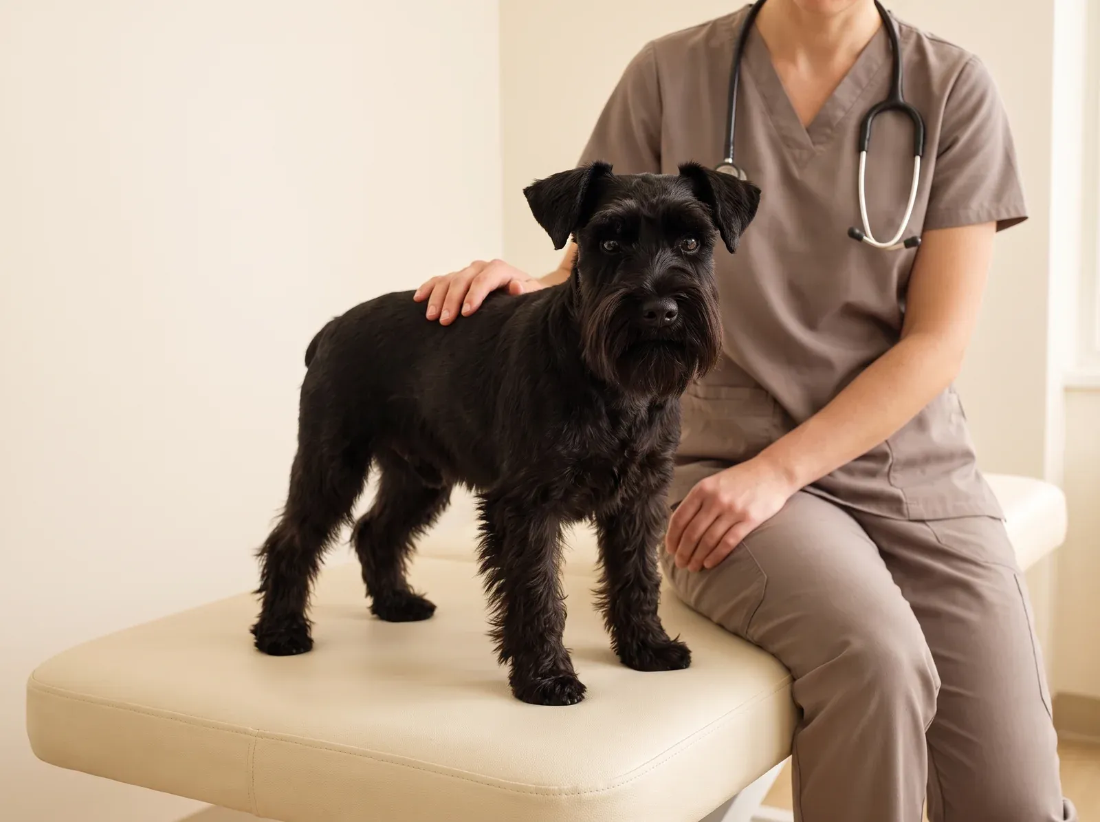 Miniature Schnauzer, a black adult on a padded table with a vet in taupe scrubs resting a hand on their back